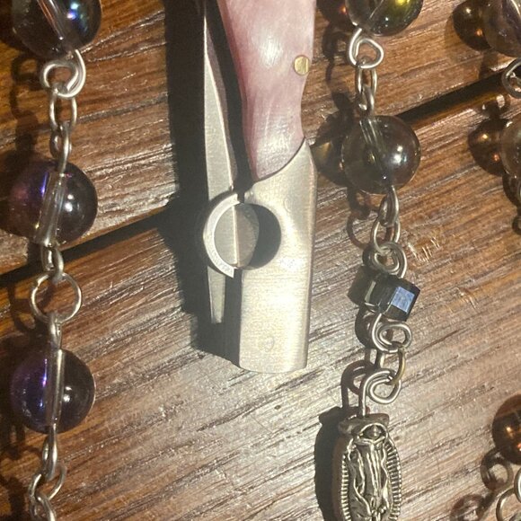 Mini Pocket Knife Rosary with Clear Rainbow Shimmer Glass Beads - Picture 3 of 3